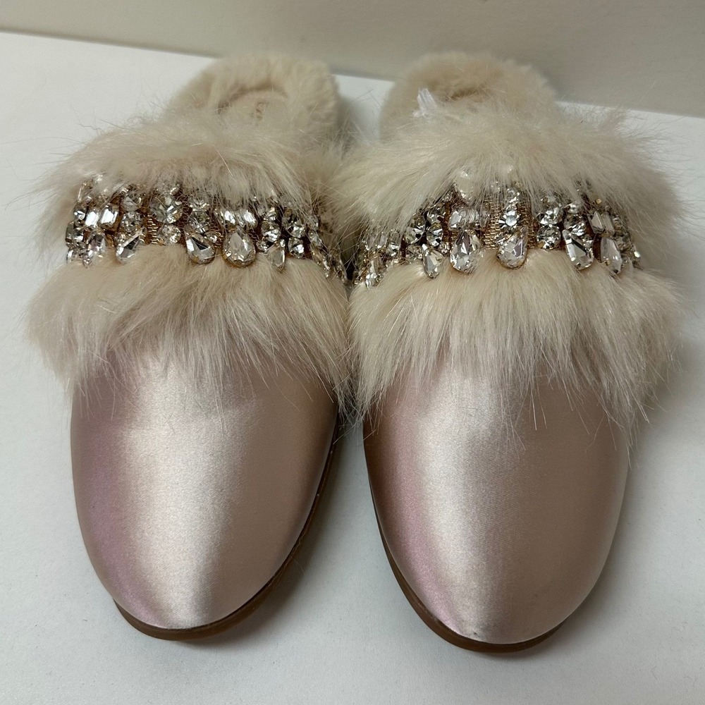 Express Womens Satin Faux Fur Rhinestone Mule Slippers Champagne Pink Size M NEW
